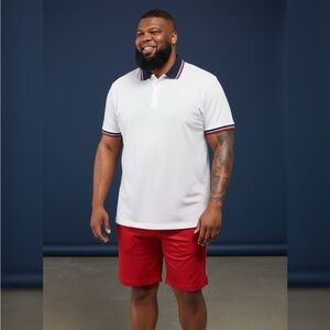 White Polo Shirt with Navy collar Red Trim & Red shorts with White Trim set